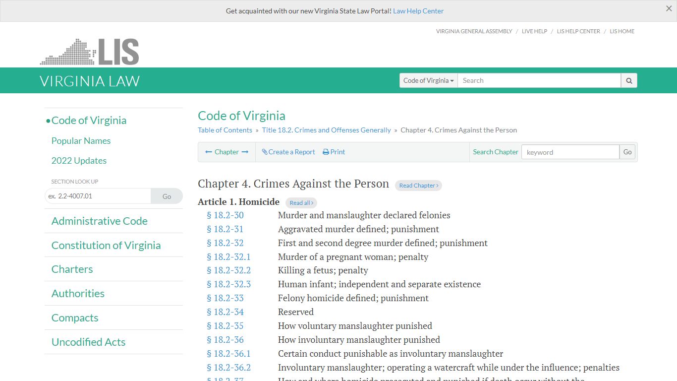 Code of Virginia Code - Chapter 4. Crimes Against the Person